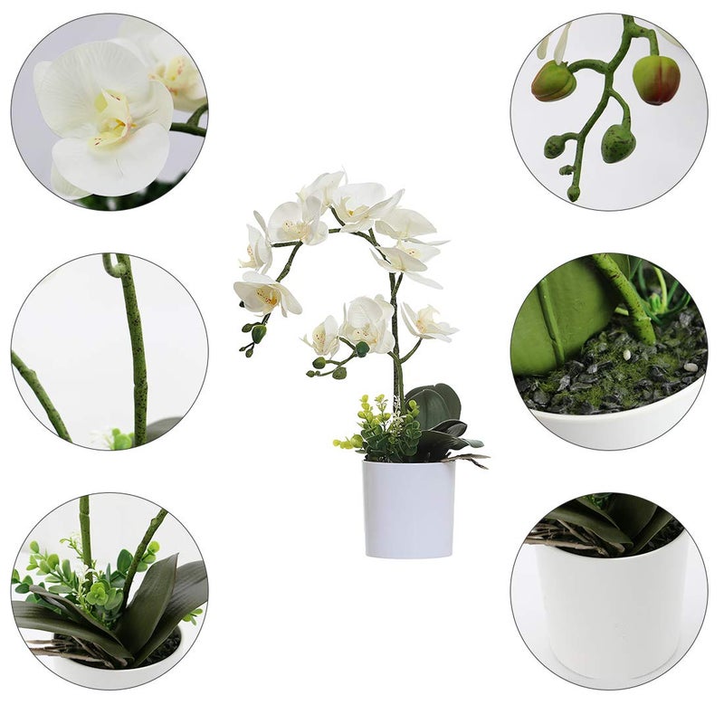 Omygarden White Orchid Artificial Flowers in Pot, Fake Plastic Orchid Flowers, Decoration for Home Office Wedding(White 2 Bouquets) - Image 3